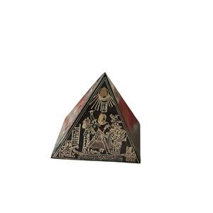 Vintage Egyptian Black & Gold Pyramid Paperweight Etched Sphinx & Pharaoh Scenes